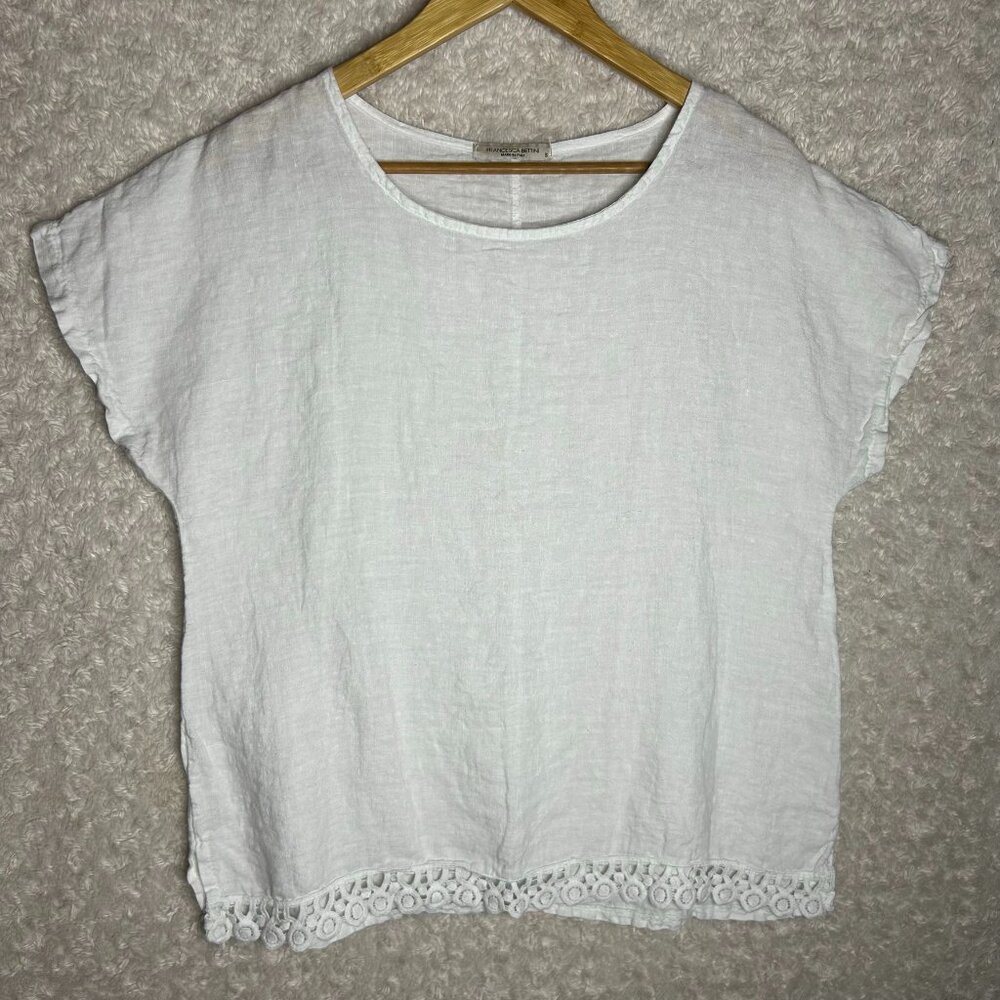 Francesca Bettini White 100% Linen Small Short Sleeve Blouse With Lace Hem